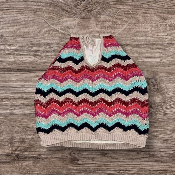 Altar'd State Medium Boho Multicolor Chevron Knit Crocheted Halter Neck Crop Top - Picture 3 of 4
